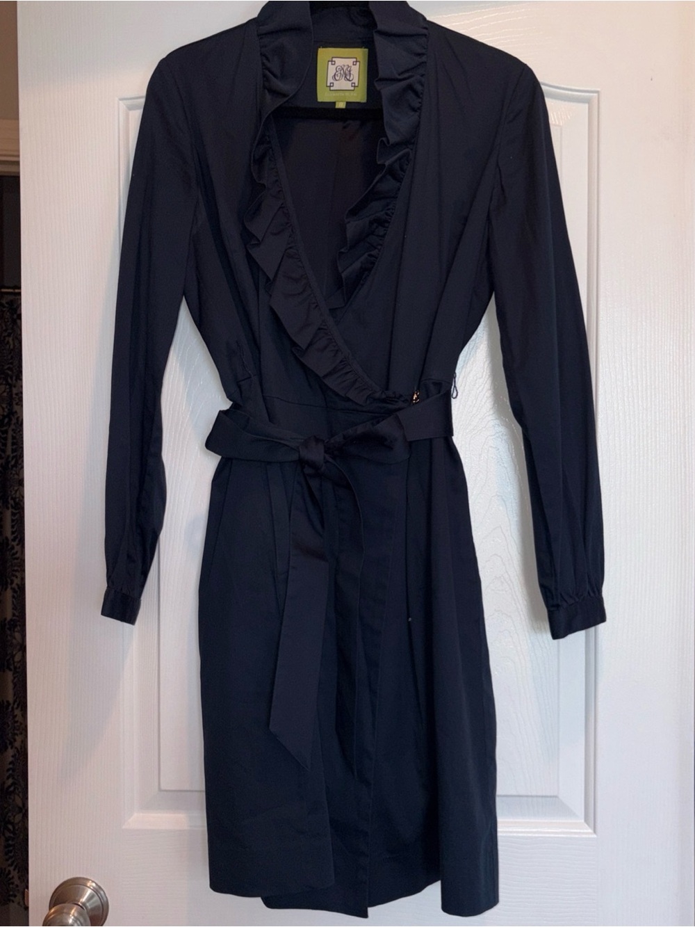 Elizabeth McKay Navy Ruffle Wrap Dress with Tie Belt